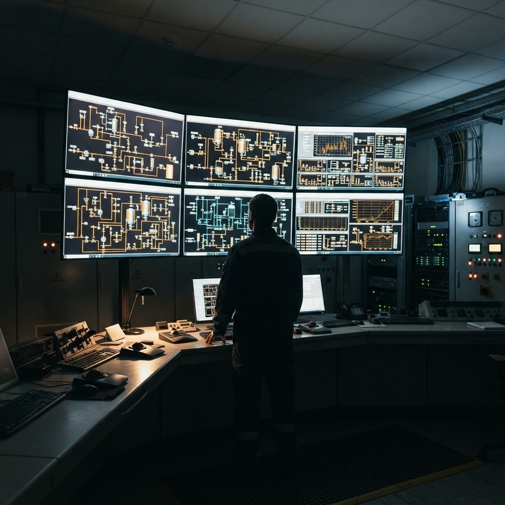 Engineer monitoring SCADA control room screens with process data