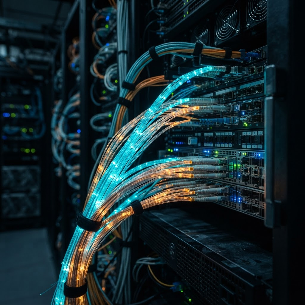 Fiber optic cables connecting into a data center server rack