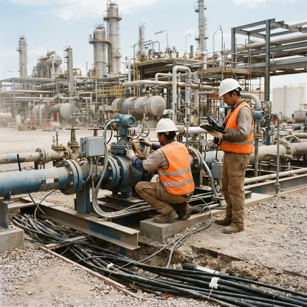 Field engineers performing instrumentation work at an industrial site
